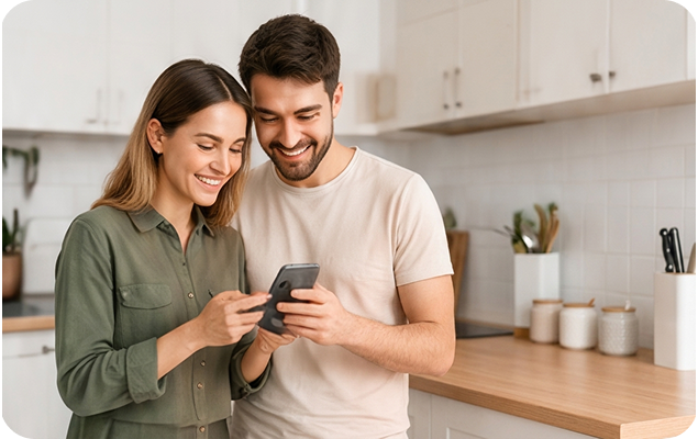 Casal a sorrir enquanto olha para o telemóvel numa cozinha clara
